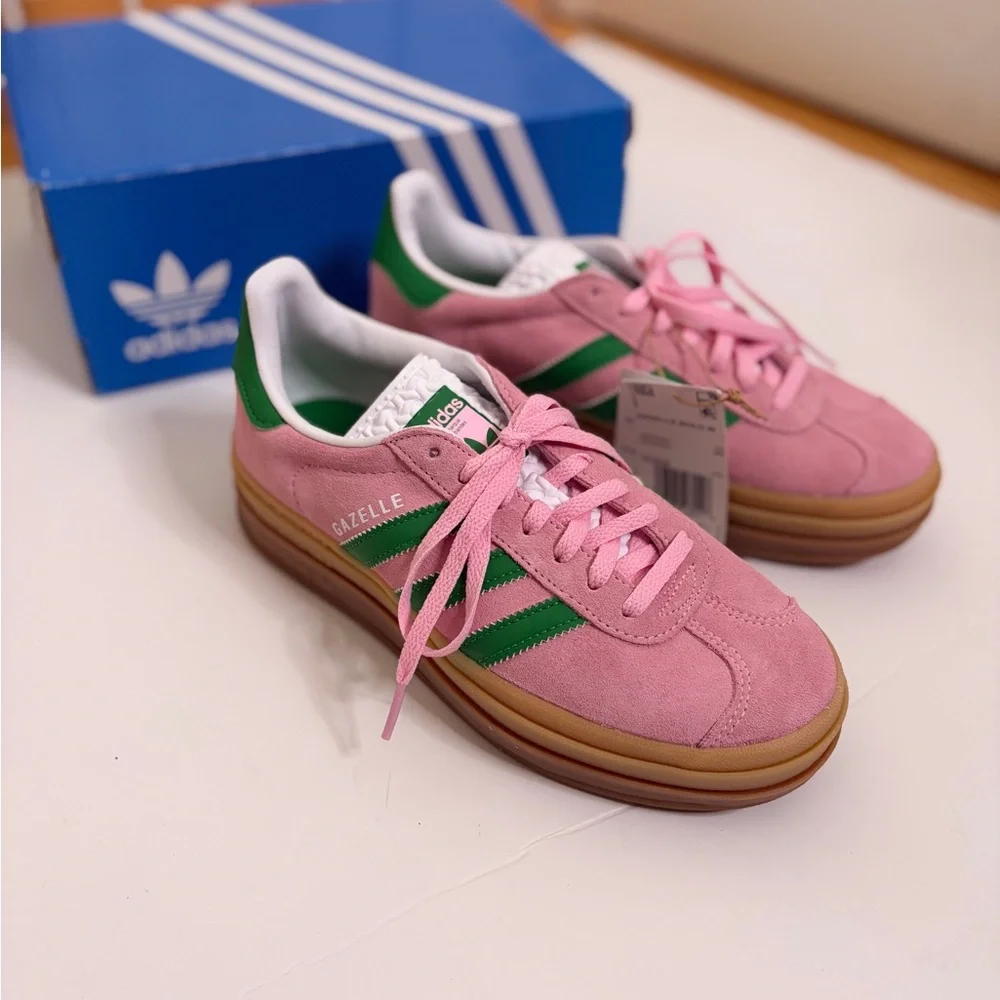 adidas Gazelle Bold Sneakers in Pink Suede with Green Stripes - Size 6 - Picture 2 of 15